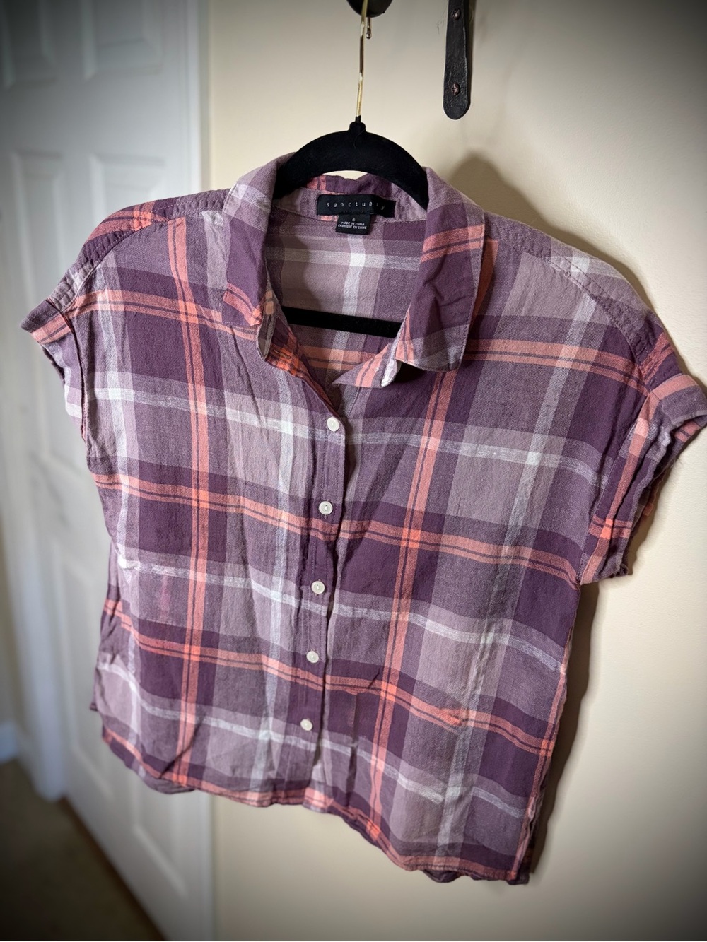 Sanctuary Purple and Pink Plaid Button-Front Short Sleeve Shirt #1250